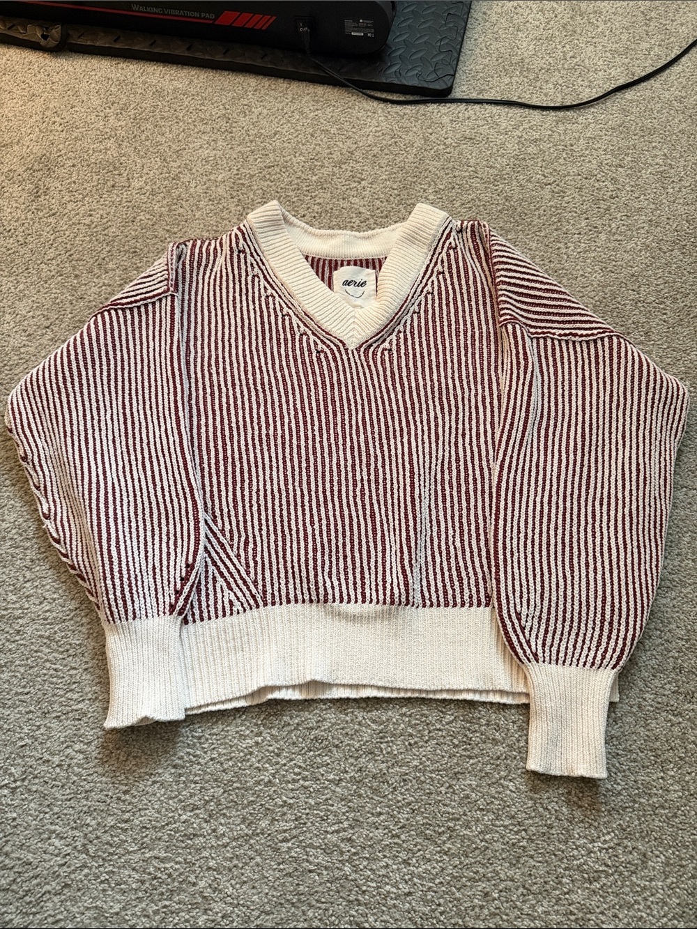 aerie Cream and Red Striped V-Neck Pullover Sweater
